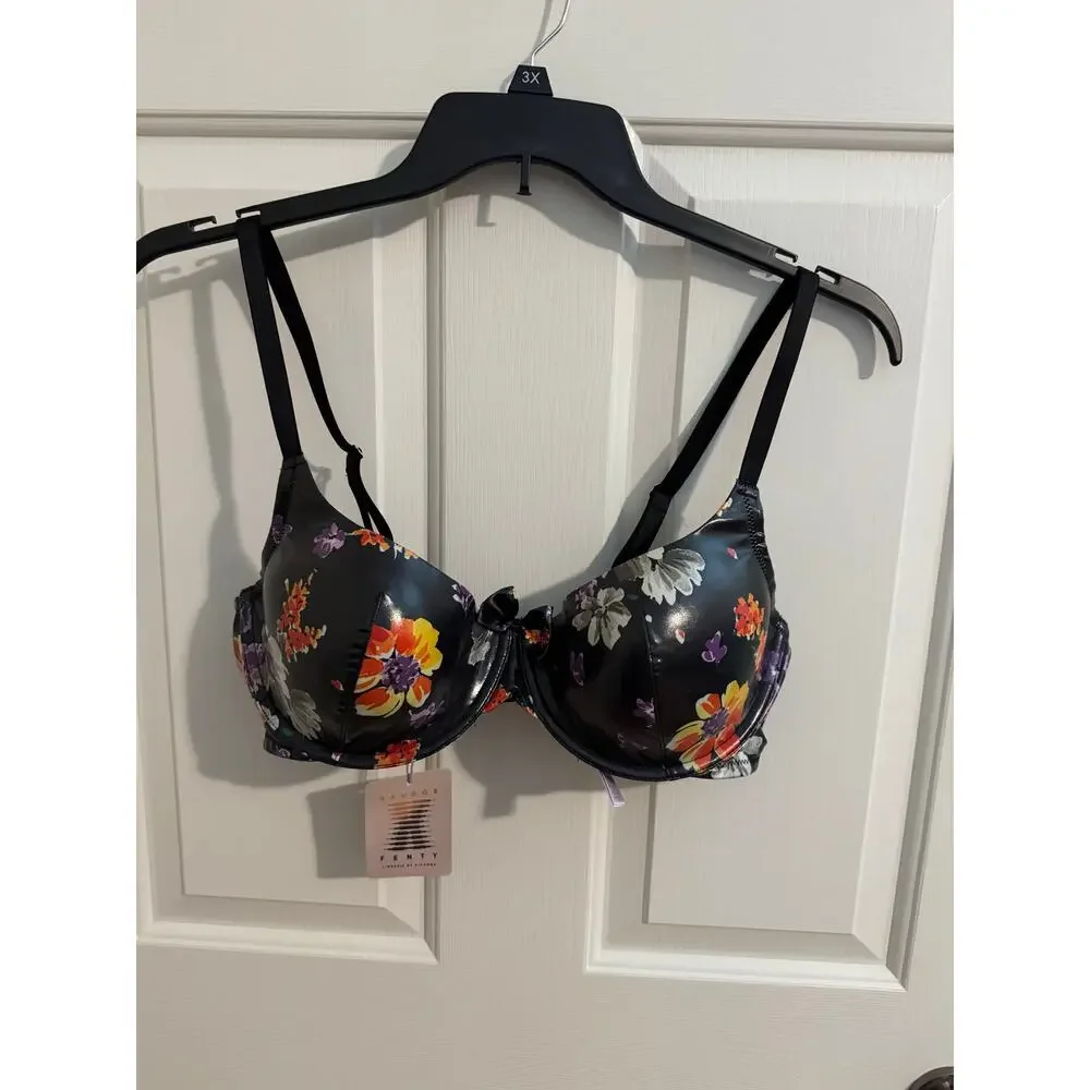 Savage X Fenty New Padded Balconette Bra Black Night Blooms Wet Look 38D
